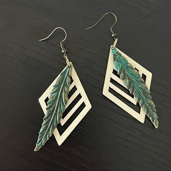 Whimsical Turtle Jewelry - 2/$29 Handmade Carved Wood Brass Feather Earrings 3” Boho Geometric Western